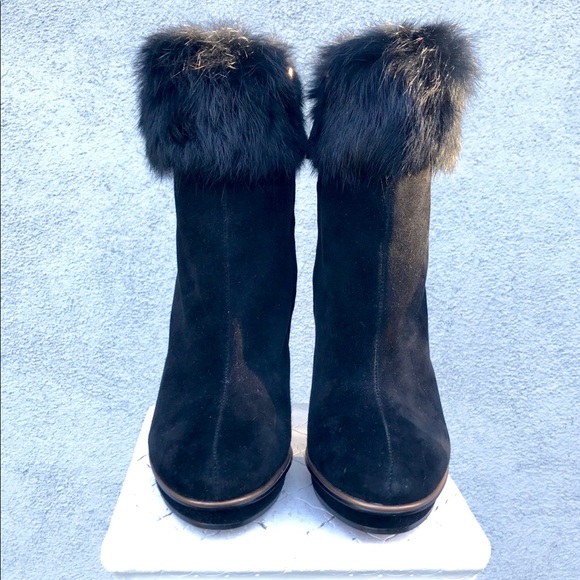 BCBGMAXAZRIA BLACK PLATFORM SUEDE/RABBIT FUR BOOTS - Picture 2 of 8